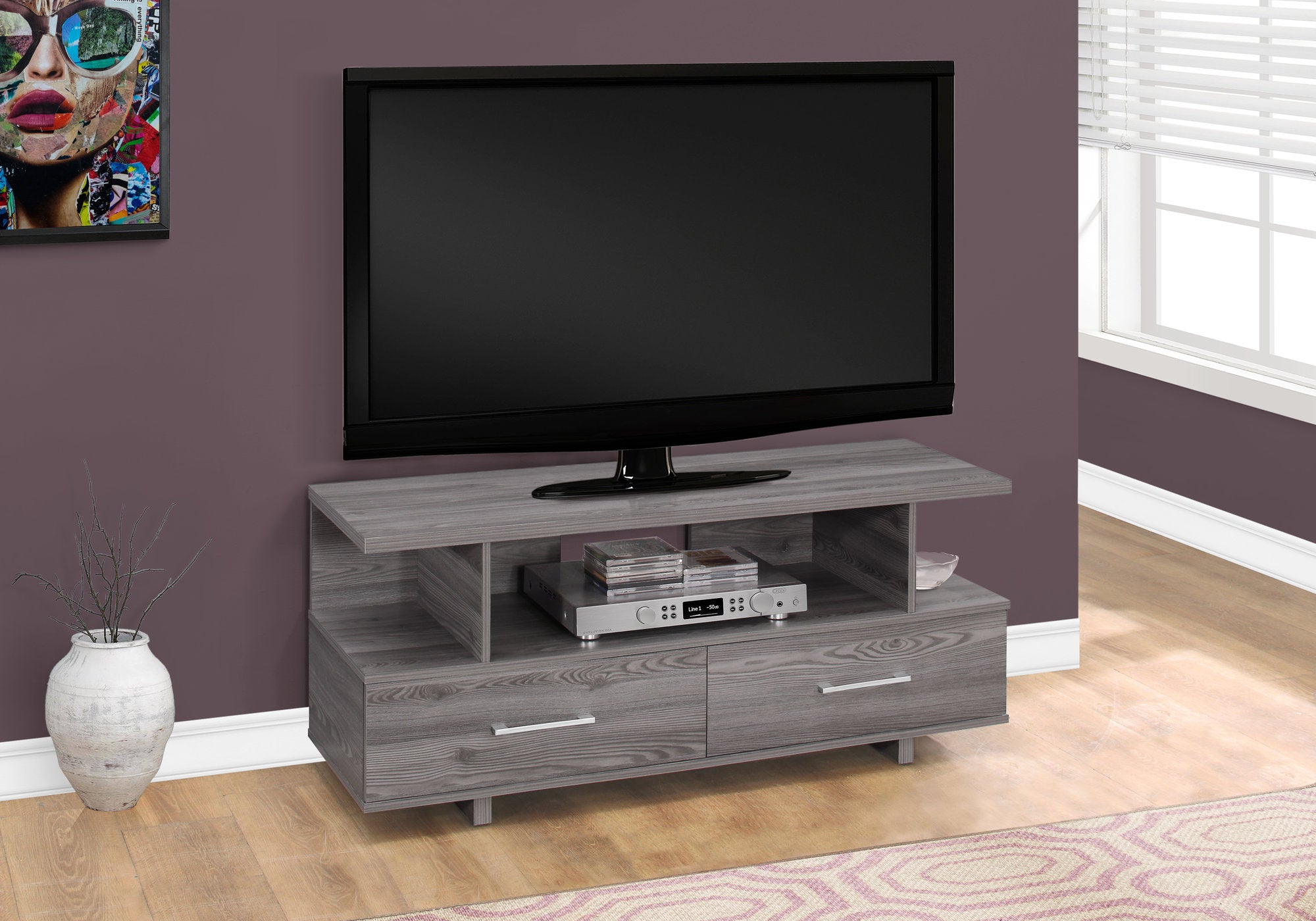 20" Grey Particle Board And Laminate TV Stand With 2 Storage Drawers