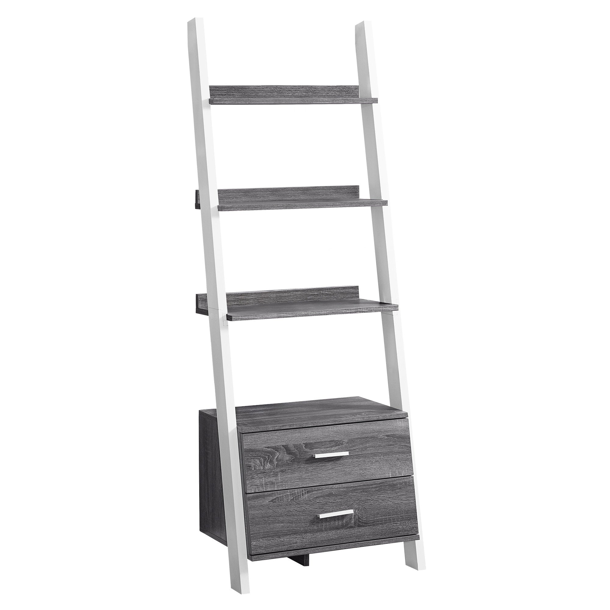 69" Gray And White Four Tier Ladder Bookcase With Two Drawers