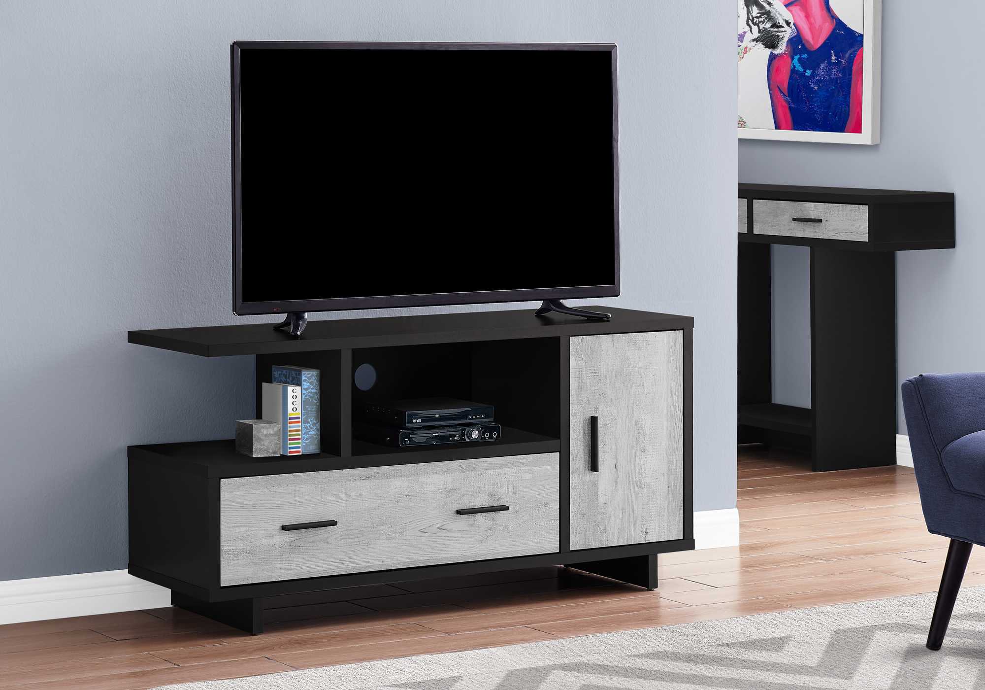 23.75" Black And Grey Particle Board Laminate And Mdf TV Stand With Storage