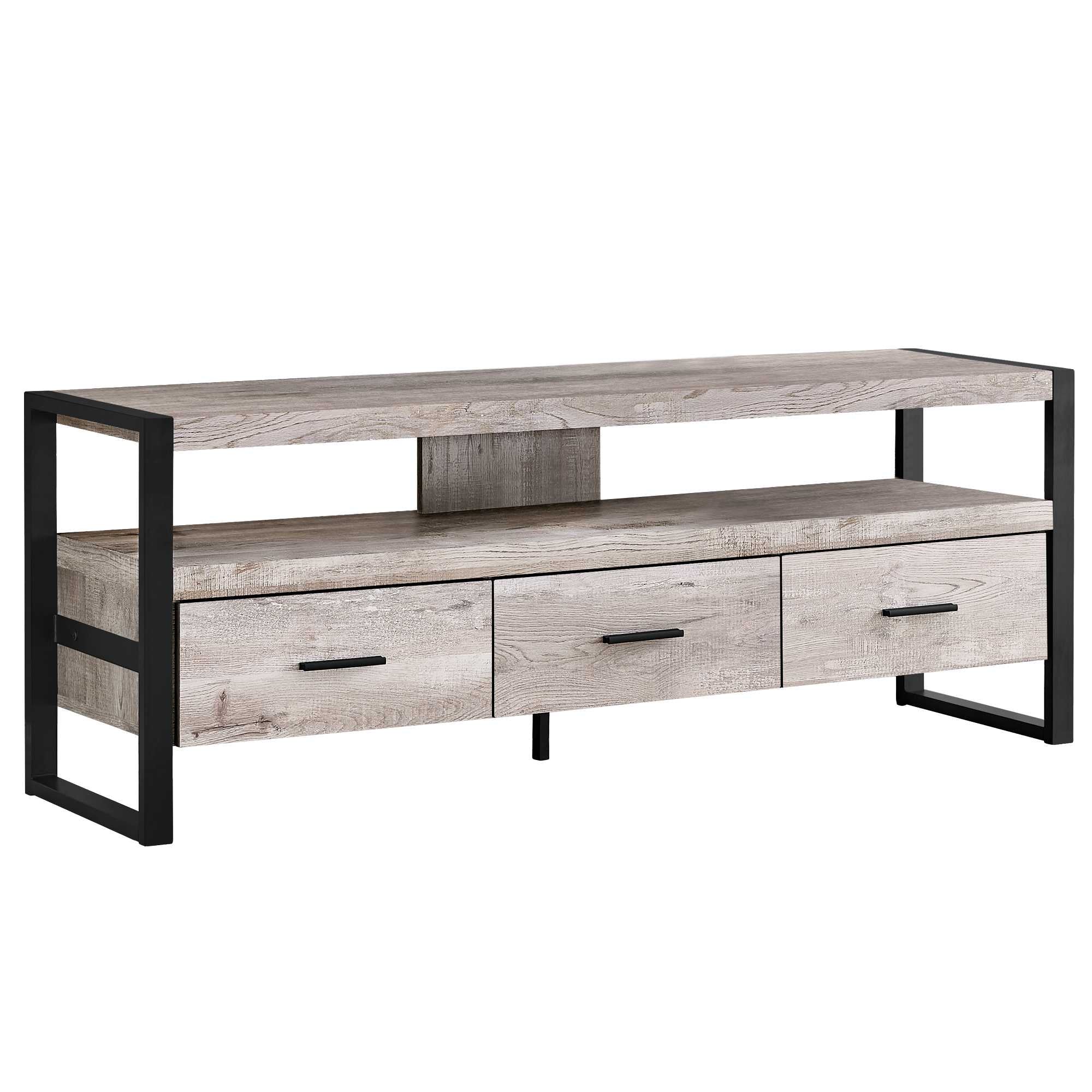 15.5" X 59" X 21.75" Taupe Black Particle Board Hollow Core Metal TV Stand With 3 Drawers