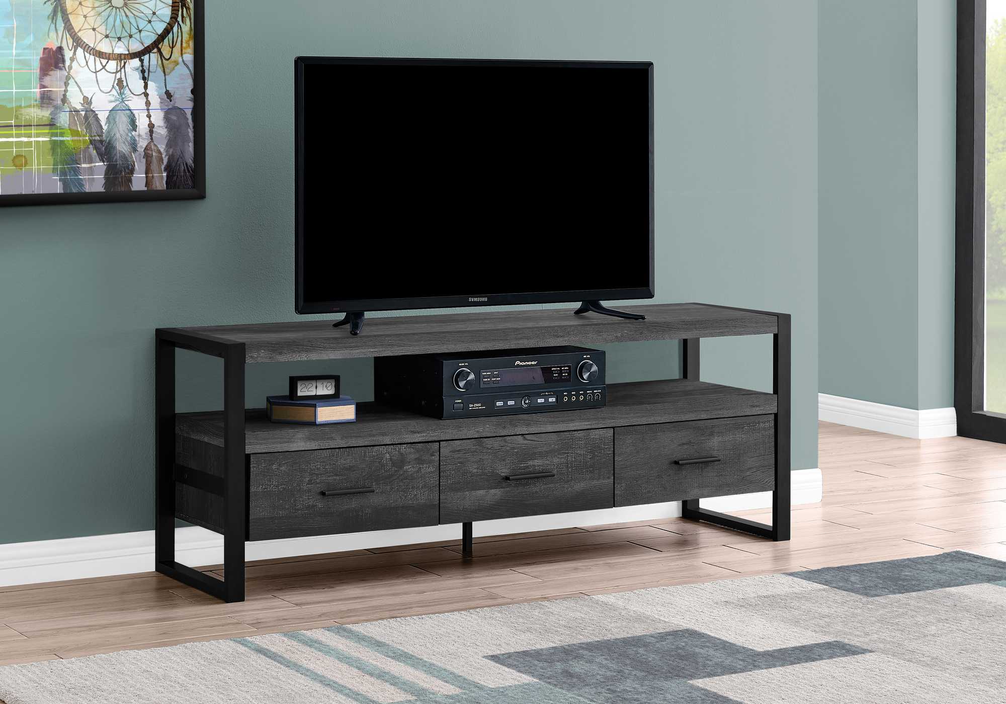 21.75" Black Particle Board Hollow Core &amp; Black Metal TV Stand With 3 Drawers