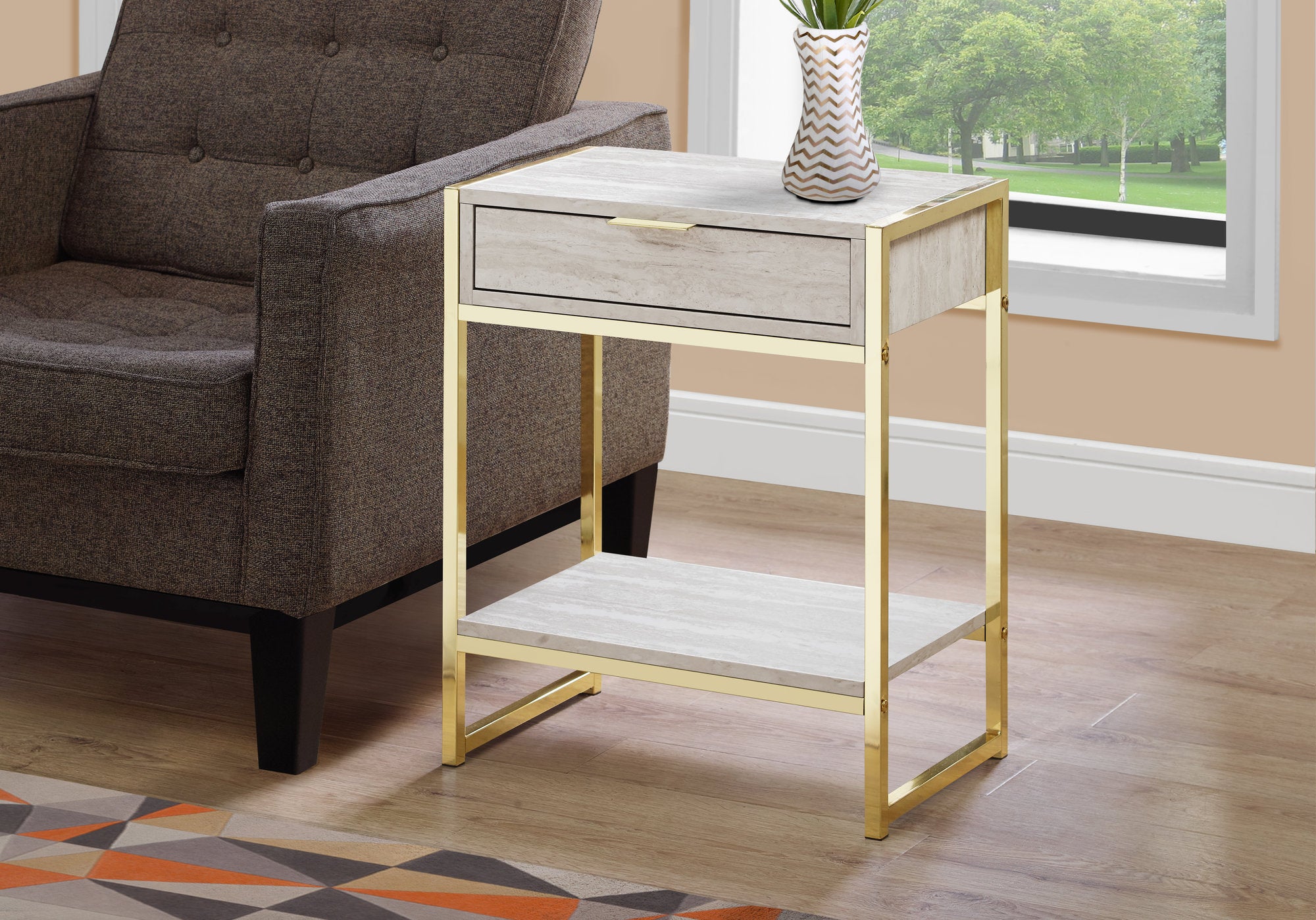 24" Gold And Beige Marble Rectangular End Table With Drawer