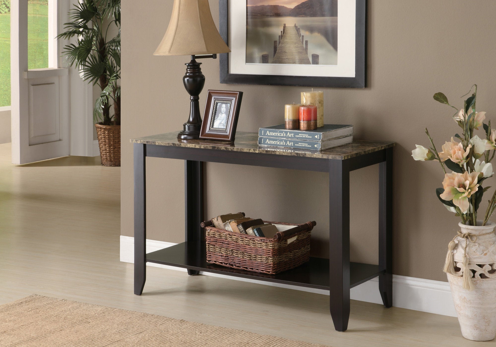 28.75" Cappuccino Particle Board Accent Table With A Marble Top