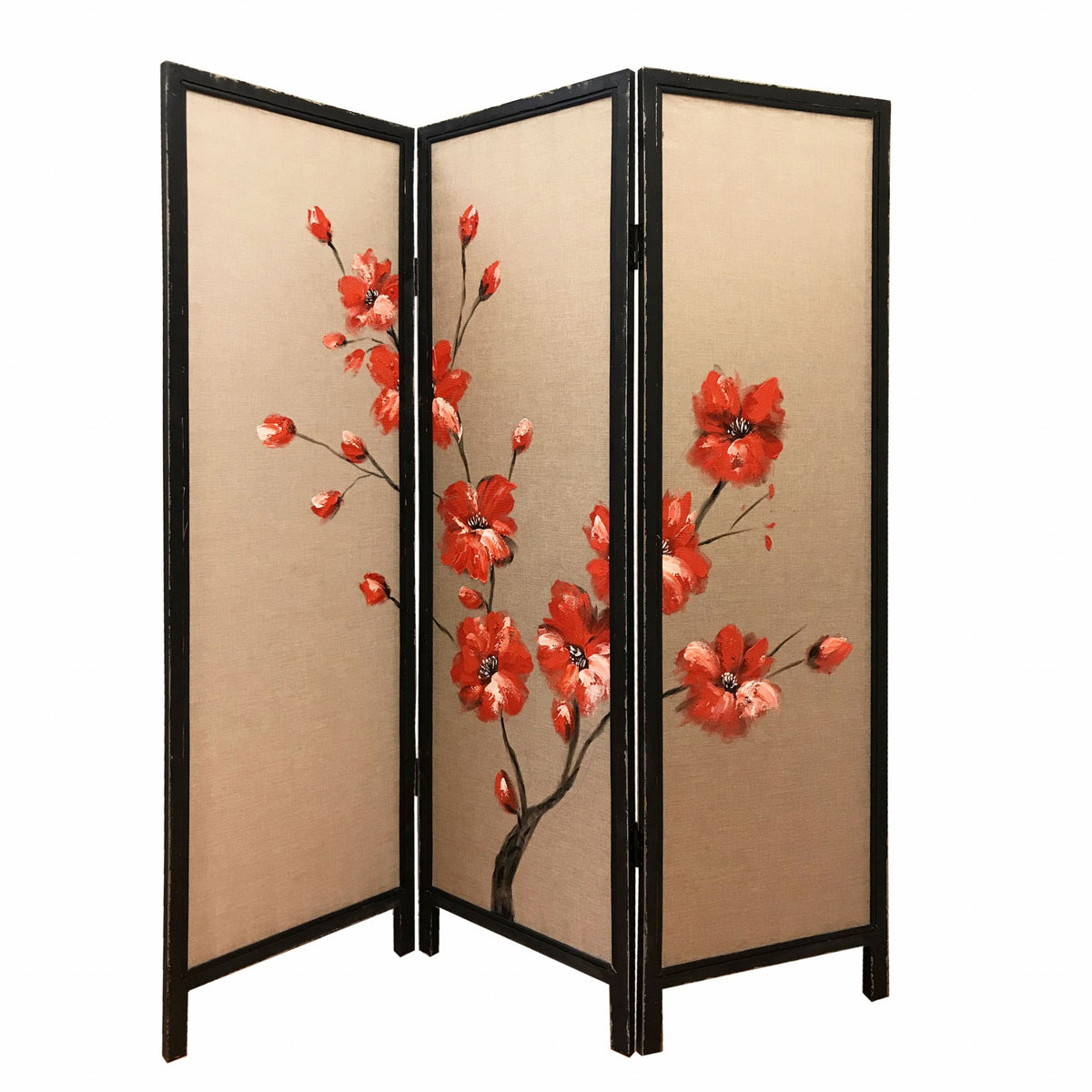 60 X 1 X 63 Brown Fabric And Wood Blooming 3 Panel Screen