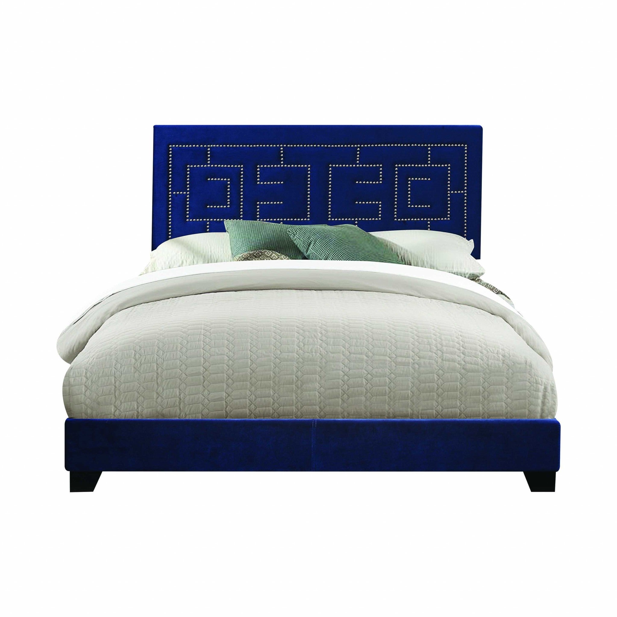 Dark Blue Standard Bed Upholstered With Nailhead Trim And With Headboard