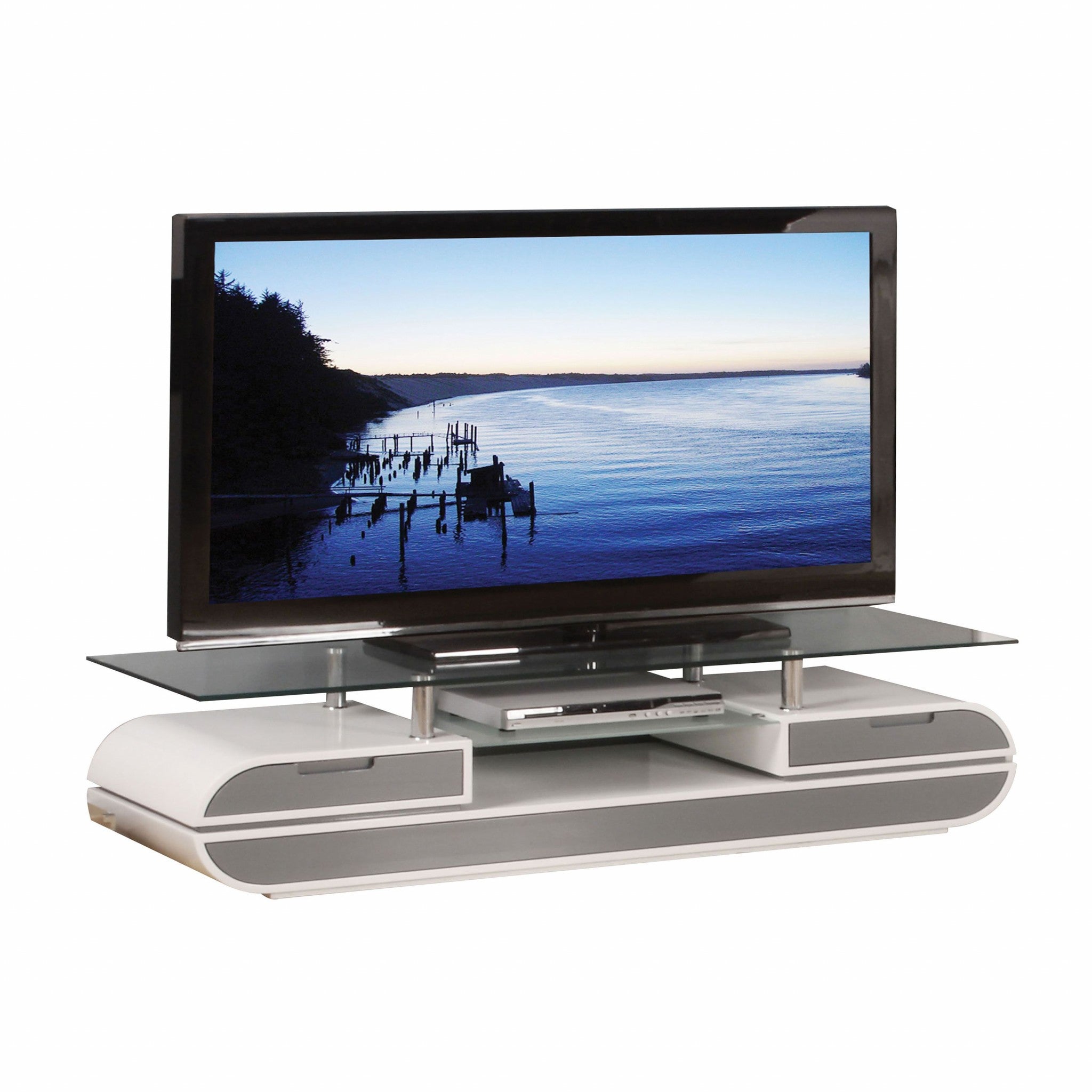 20" X 63" X 16" White Gray Wood Glass Metal Veneer TV Stand