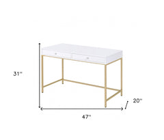 47" White And Gold Mirrored Computer Desk With Two Drawers