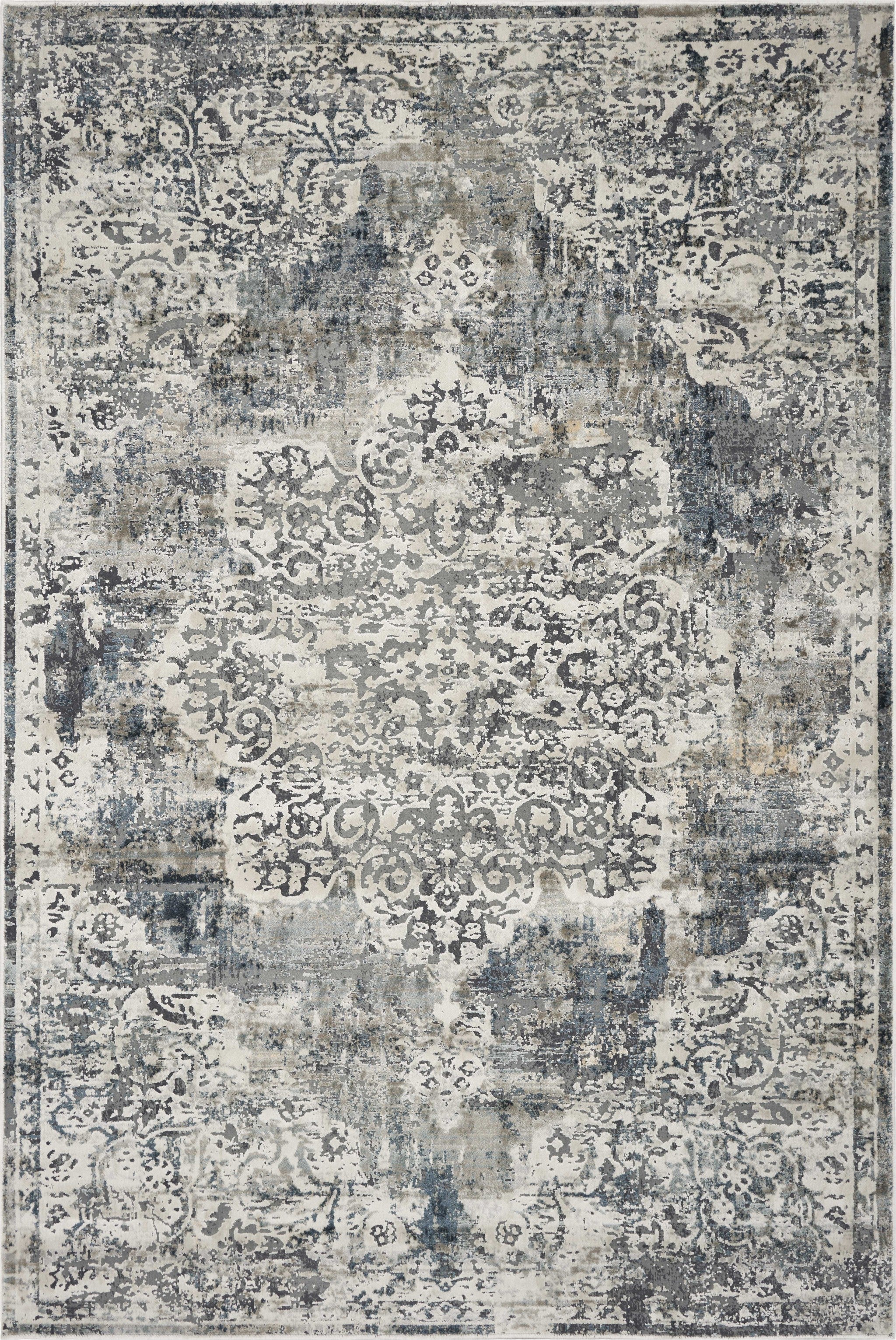 9'X13' Ivory Machine Woven Distressed Diamond Floral Medallion Indoor Area Rug