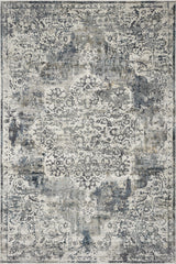 9'X13' Ivory Machine Woven Distressed Diamond Floral Medallion Indoor Area Rug