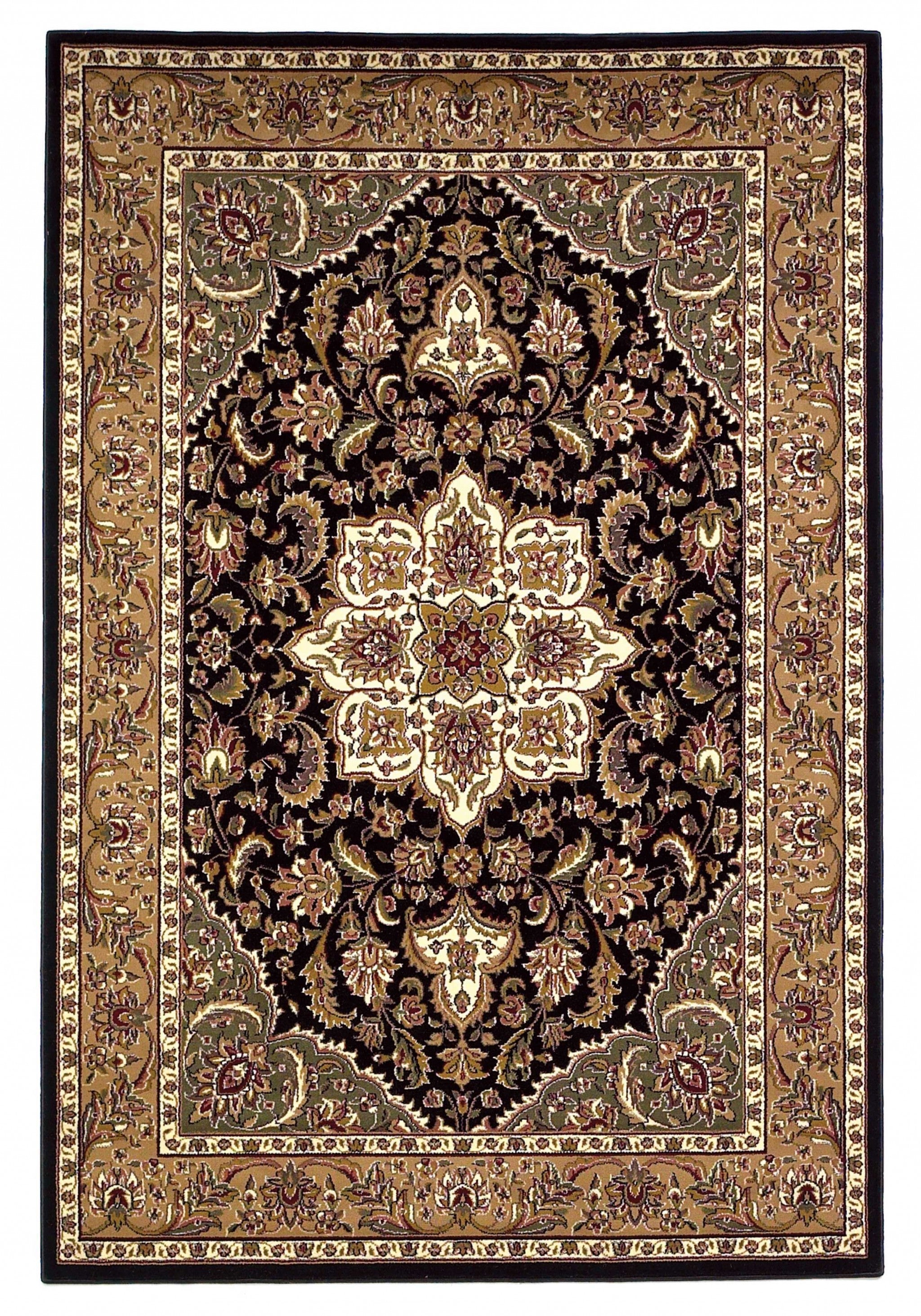 10'X13' Black Beige Machine Woven Floral Medallion Indoor Area Rug