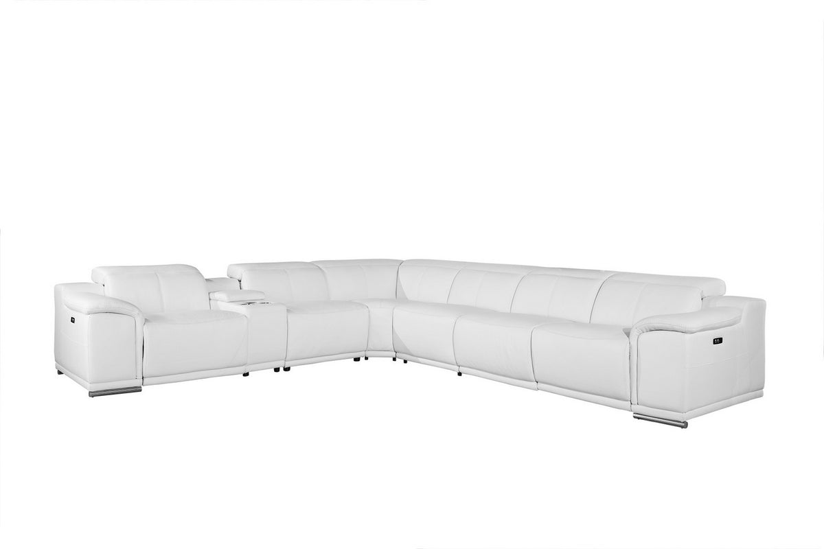 White Genuine Leather Power Reclining 7Pc Sectional With 1 Console