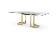 87 X 39 X 30 Polished Gold Glass Stainless Steel Dining Table