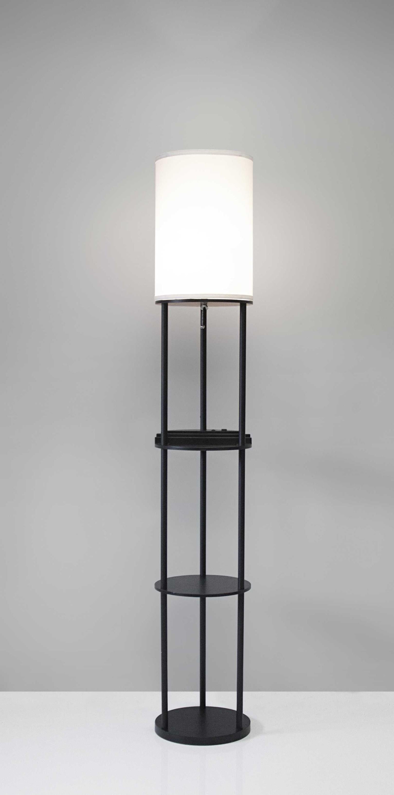 Black Wood Floor Lamp With Circular Usb Charging Station Shelf