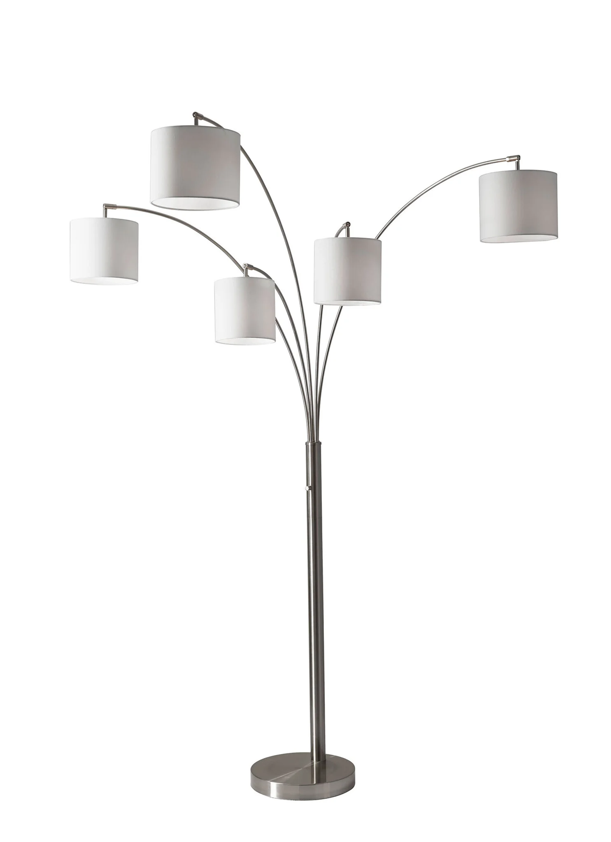 82" Steel Five Light Tree Floor Lamp With White Solid Color Drum Shade