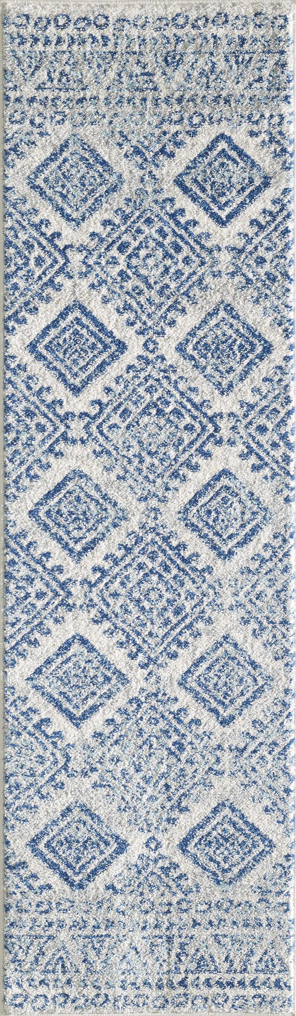 7'X12' Ivory Blue Machine Woven Distressed Geometric Indoor Area Rug