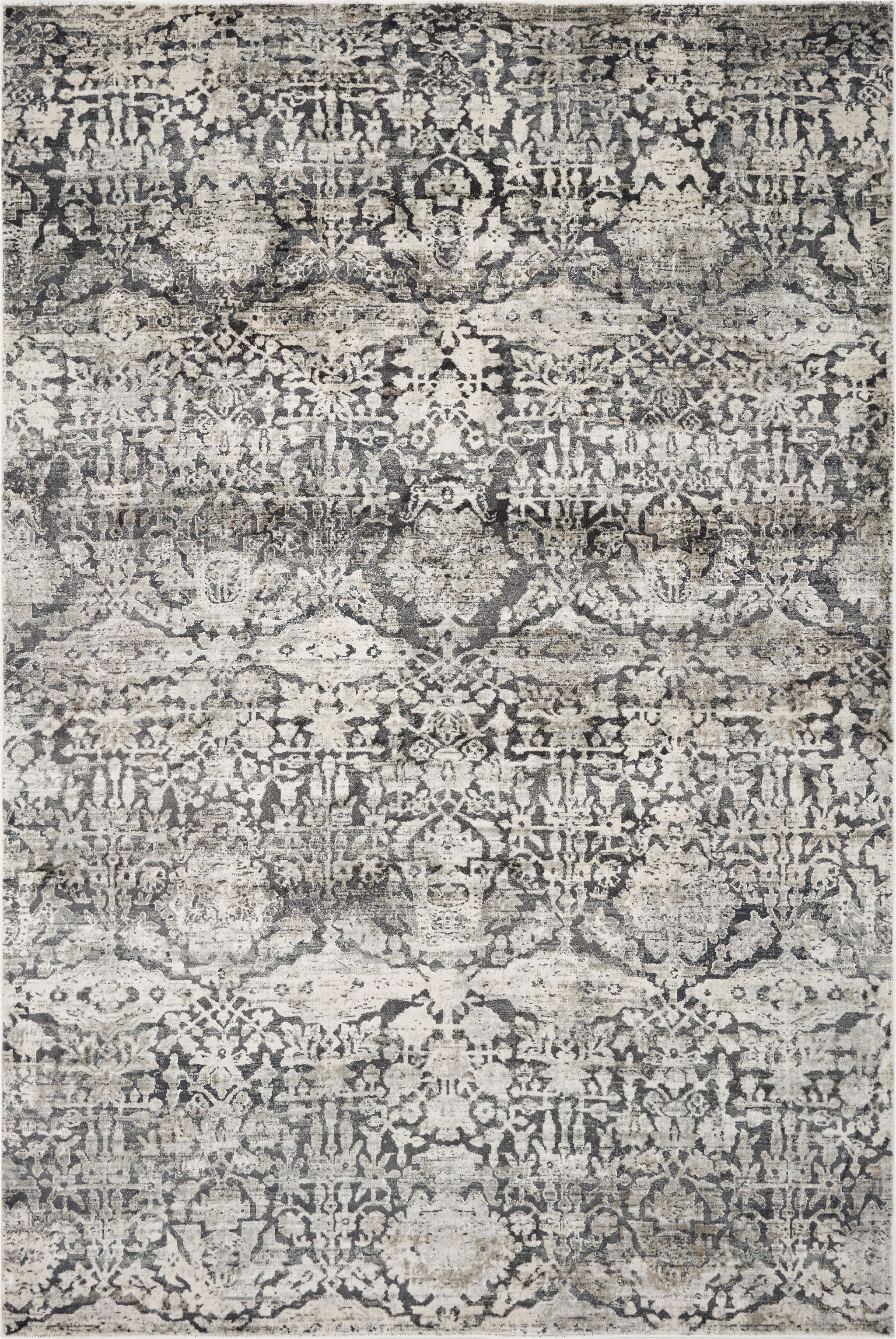 9'X13' Grey Machine Woven Distressed Floral Traditional Indoor Area Rug