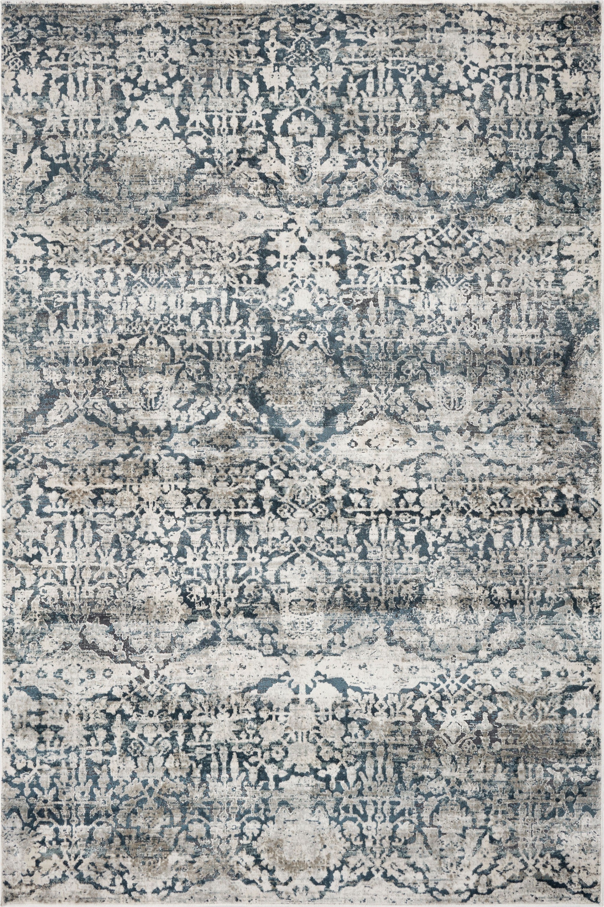 5'X8' Teal Machine Woven Distressed Floral Traditional Indoor Area Rug