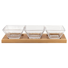4 Mouth Blown Crystal Hostess Set 4 Pc With 3 Glass Condiment Or Dip Bowls On A Wood Tray