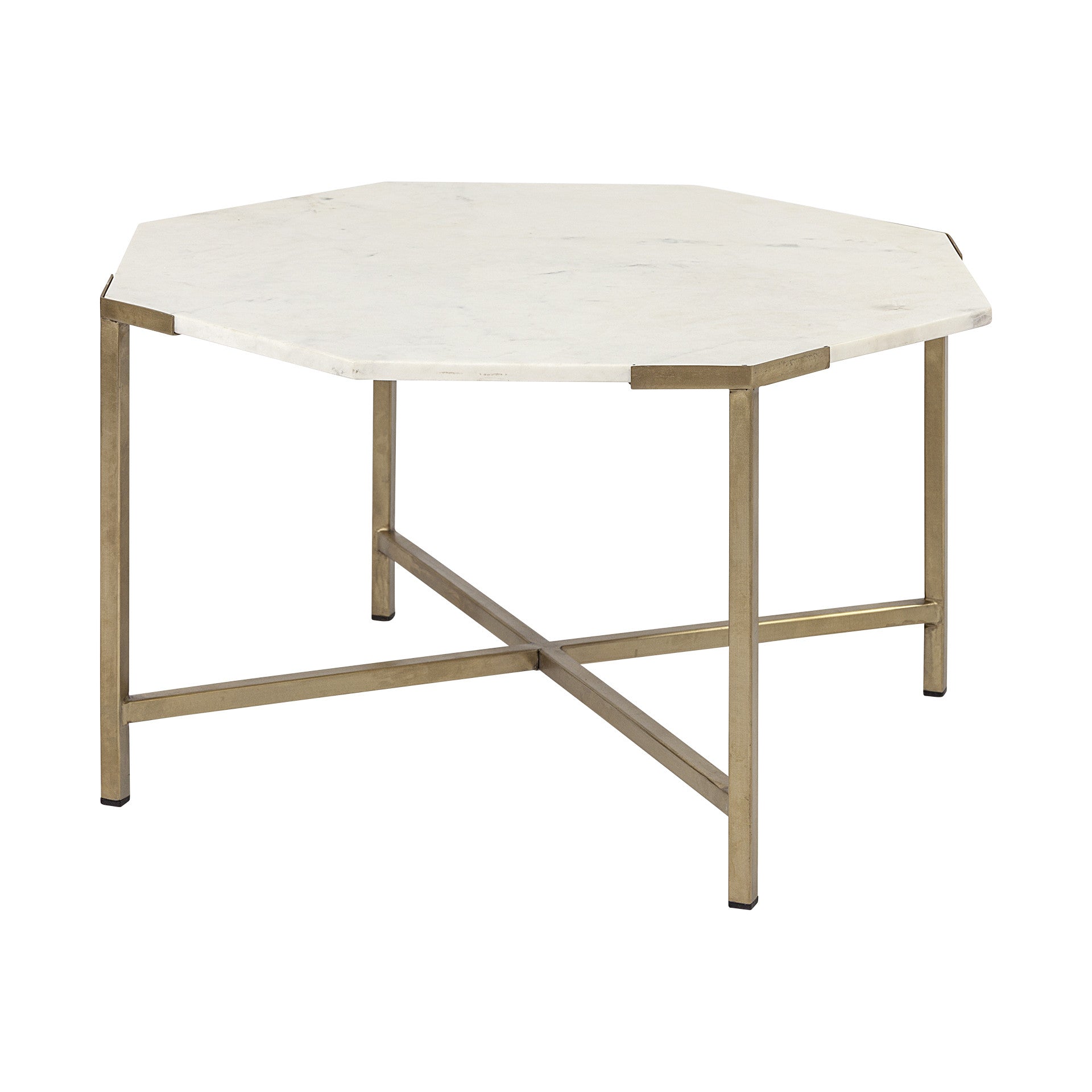 33" White And Gold Genuine Marble Octagon Coffee Table