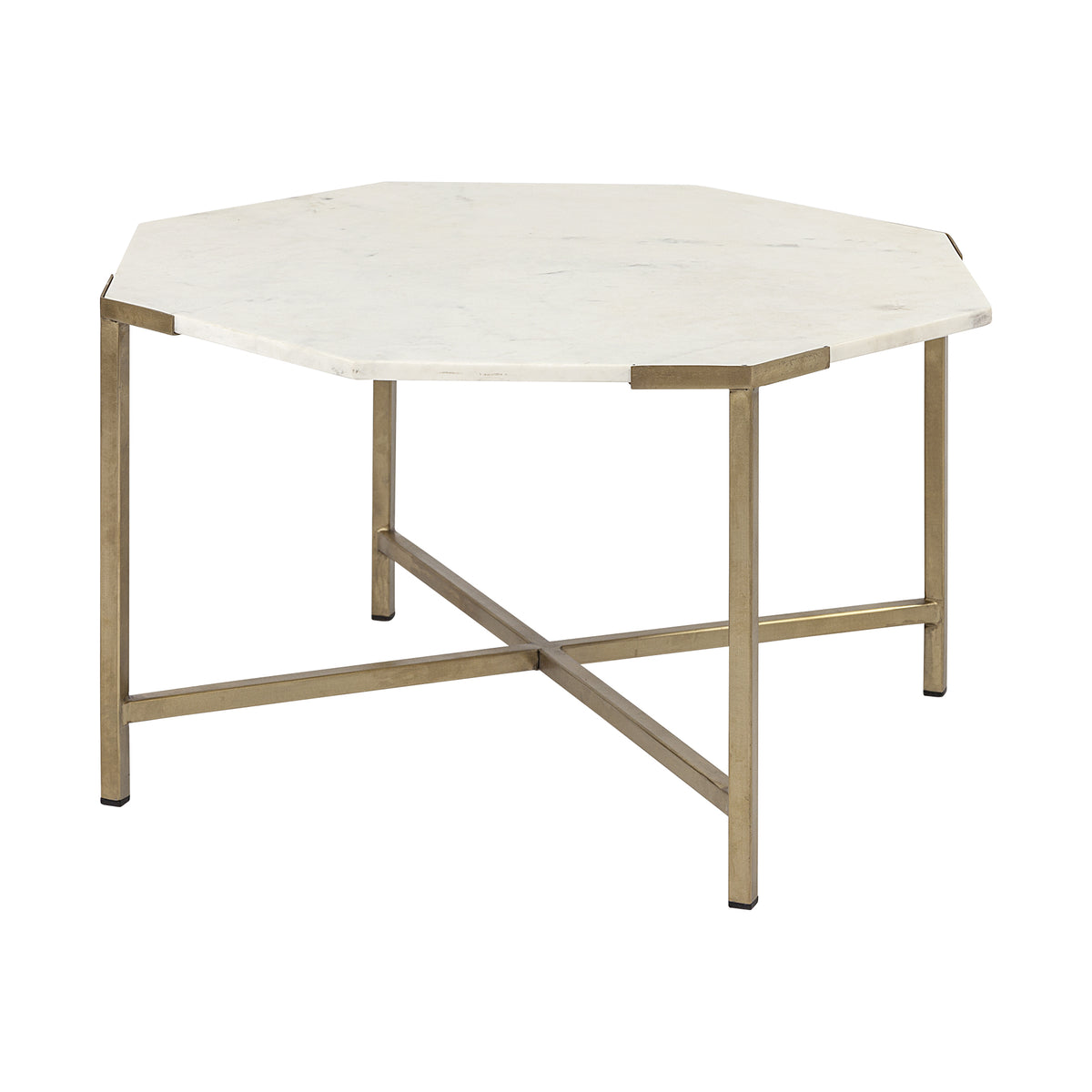 33" White And Gold Genuine Marble Octagon Coffee Table