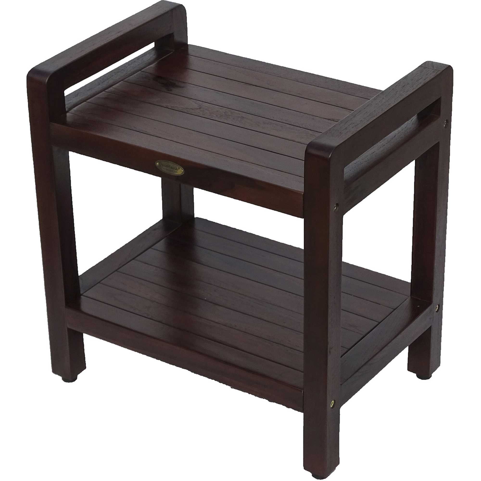 Rectangular Teak Shower Bench With Handles In Brown Finish