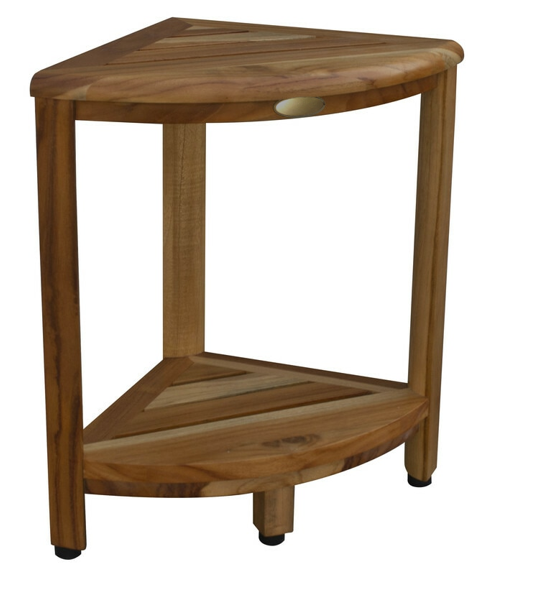 17" Compact Teak Corner Shower Stool With Shelf In Natural Finish