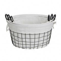 Set Of 3 Oval White Lined And Metal Wire Baskets With Handles