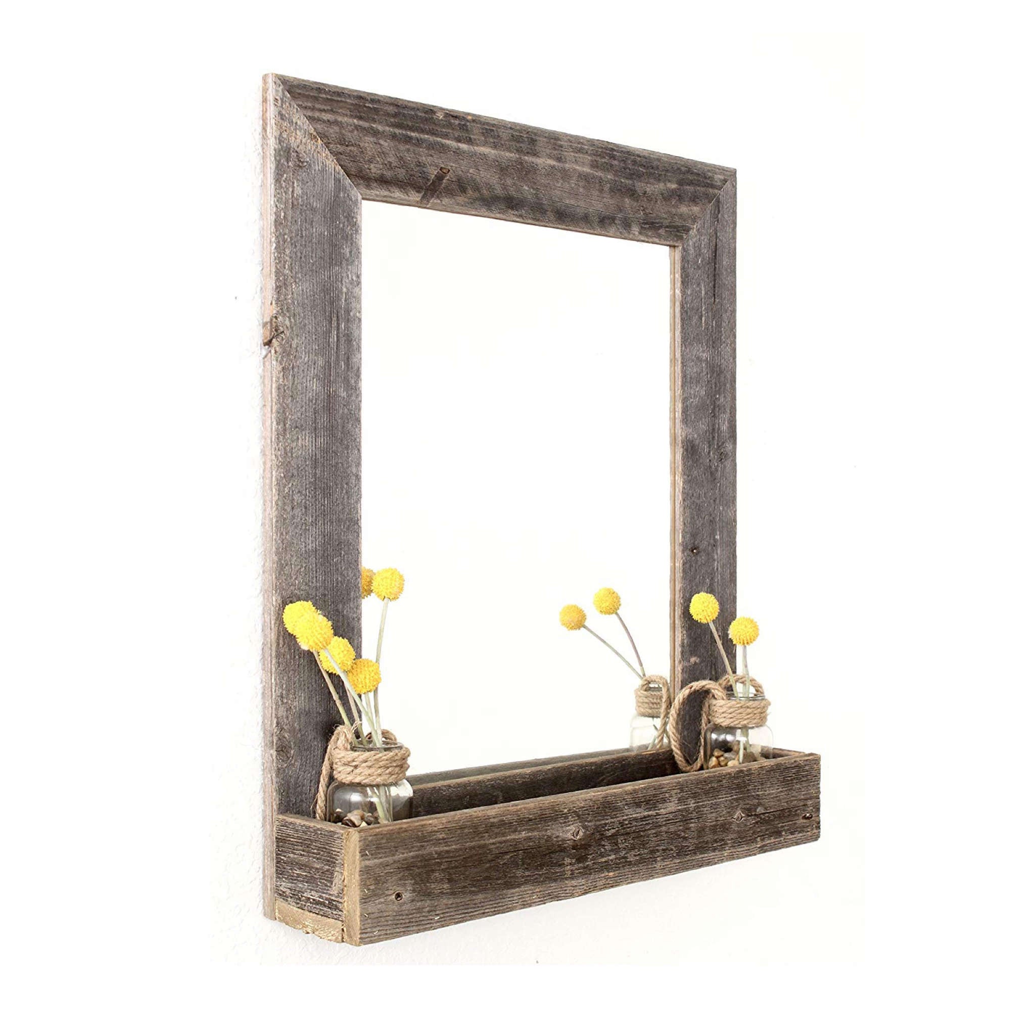 Rustic Weathered Gray Reclaimed Wood Plank Mirror With Shelf