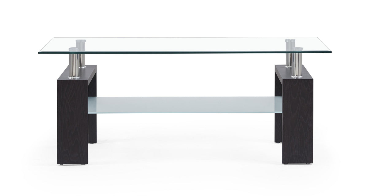 Dark Walnut Legs Coffee Table With Rectangular Clear Glass Top
