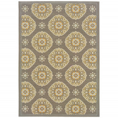 2' X 8' Grey Gold Floral Medallion Discs Indoor Outdoor Area Rug