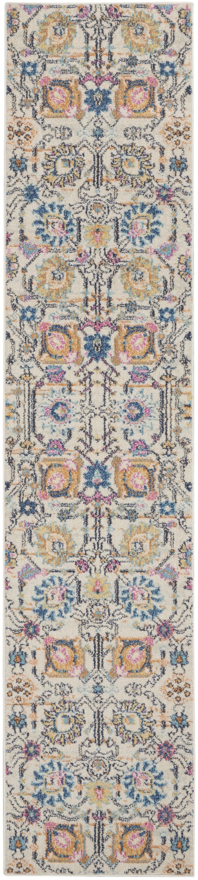 10' Orange And Ivory Floral Power Loom Runner Rug