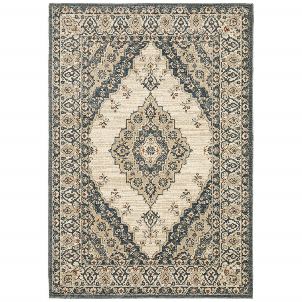 10’ X 13’ Vintage Beige And Blue Indoor Area Rug