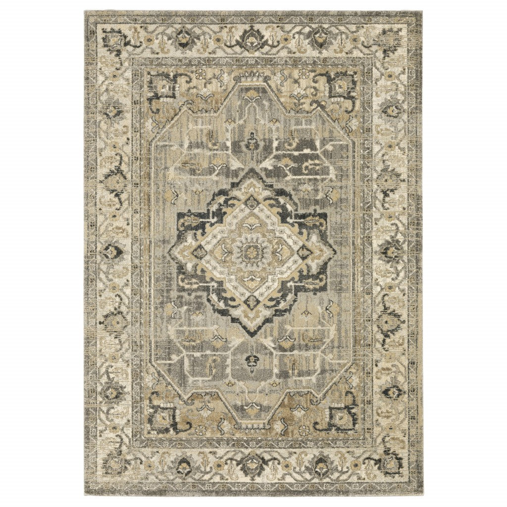 10’ X 13’ Beige And Gray Traditional Medallion Indoor Area Rug