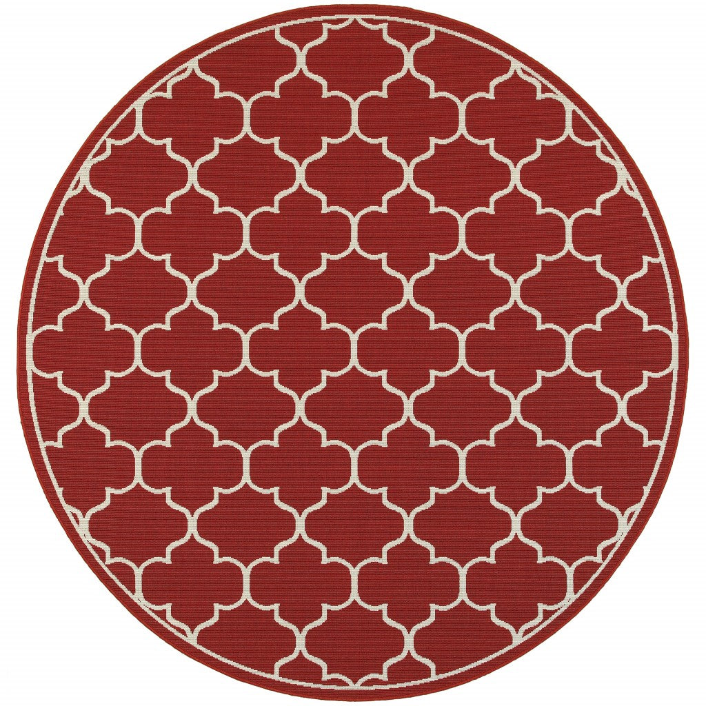 8’ Round Red And Ivory Trellis Indoor Outdoor Area Rug