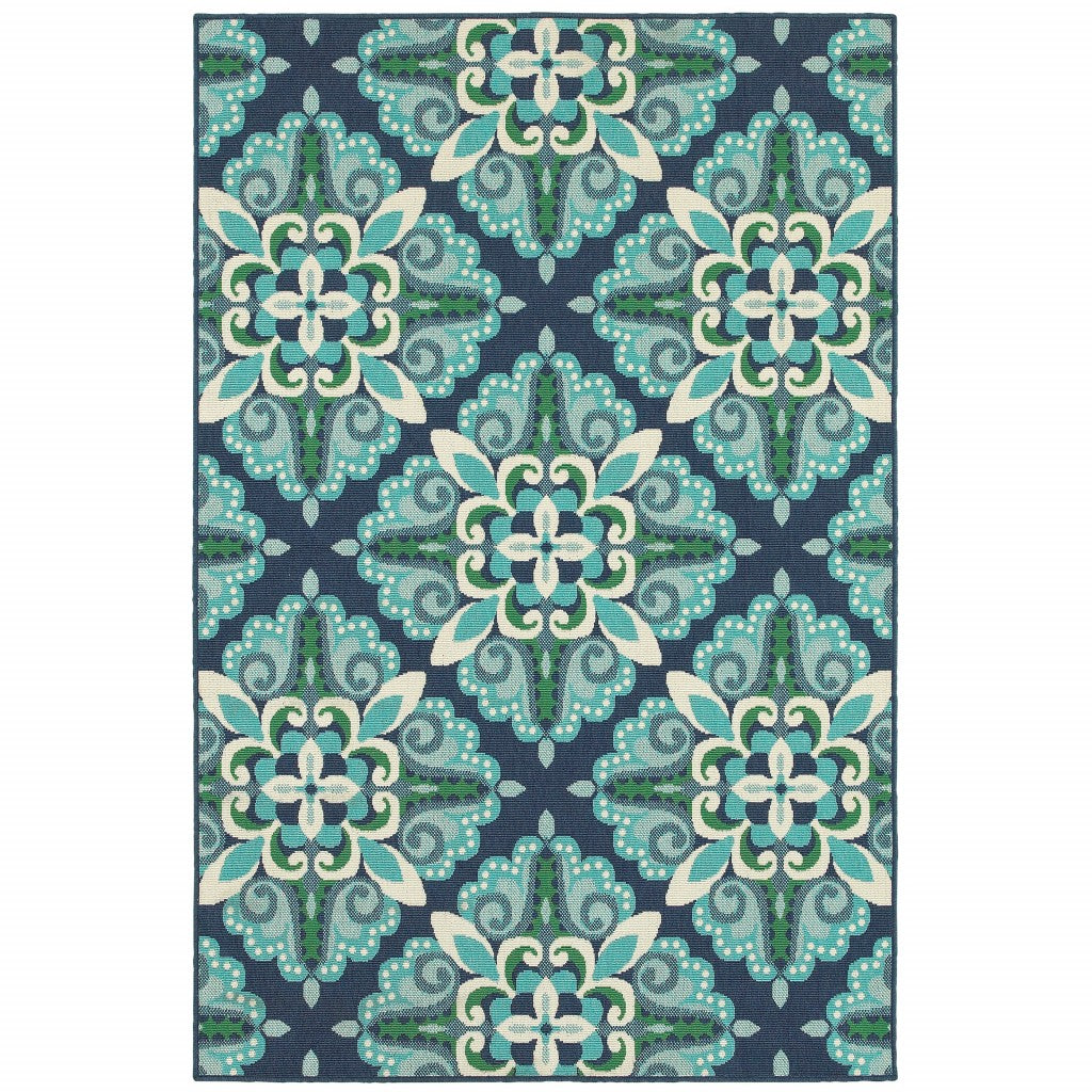 8’X11’ Blue And Green Floral Indoor Outdoor Area Rug