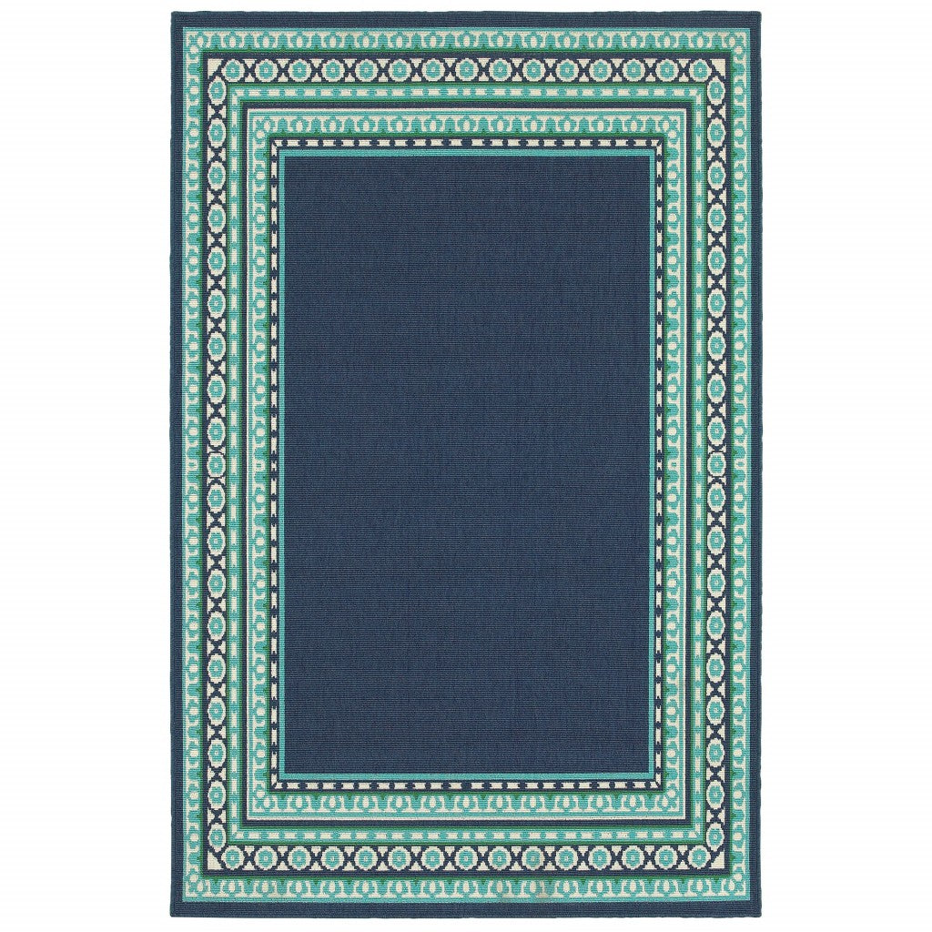8’X11’ Navy And Green Geometric Indoor Outdoor Area Rug