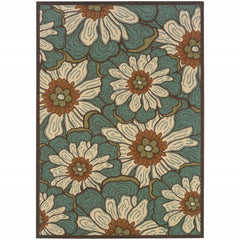 8’X11’ Blue And Brown Floral Indoor Outdoor Area Rug