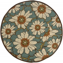 8’ Round Blue And Brown Floral Indoor Outdoor Area Rug