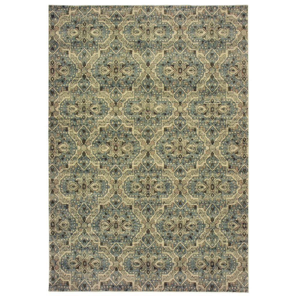 7’X10’ Ivory And Blue Geometric Area Rug