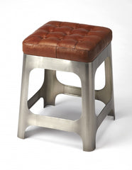 20" Brown And Silver Leather And Iron Backless Bar Chair With Footrest