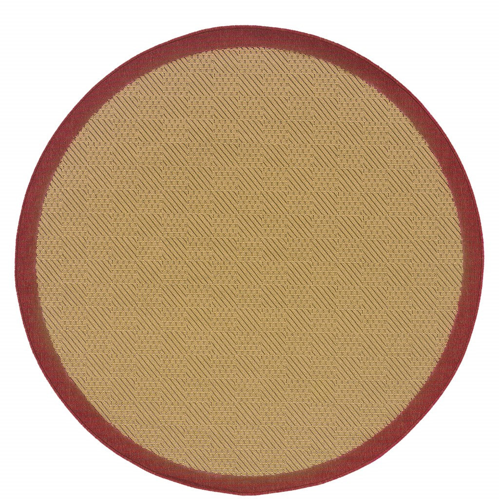 8’ Round Beige And Red Plain Indoor Outdoor Area Rug