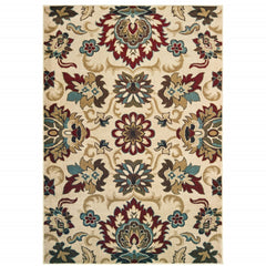 7’X9’ Ivory And Red Floral Vines Area Rug