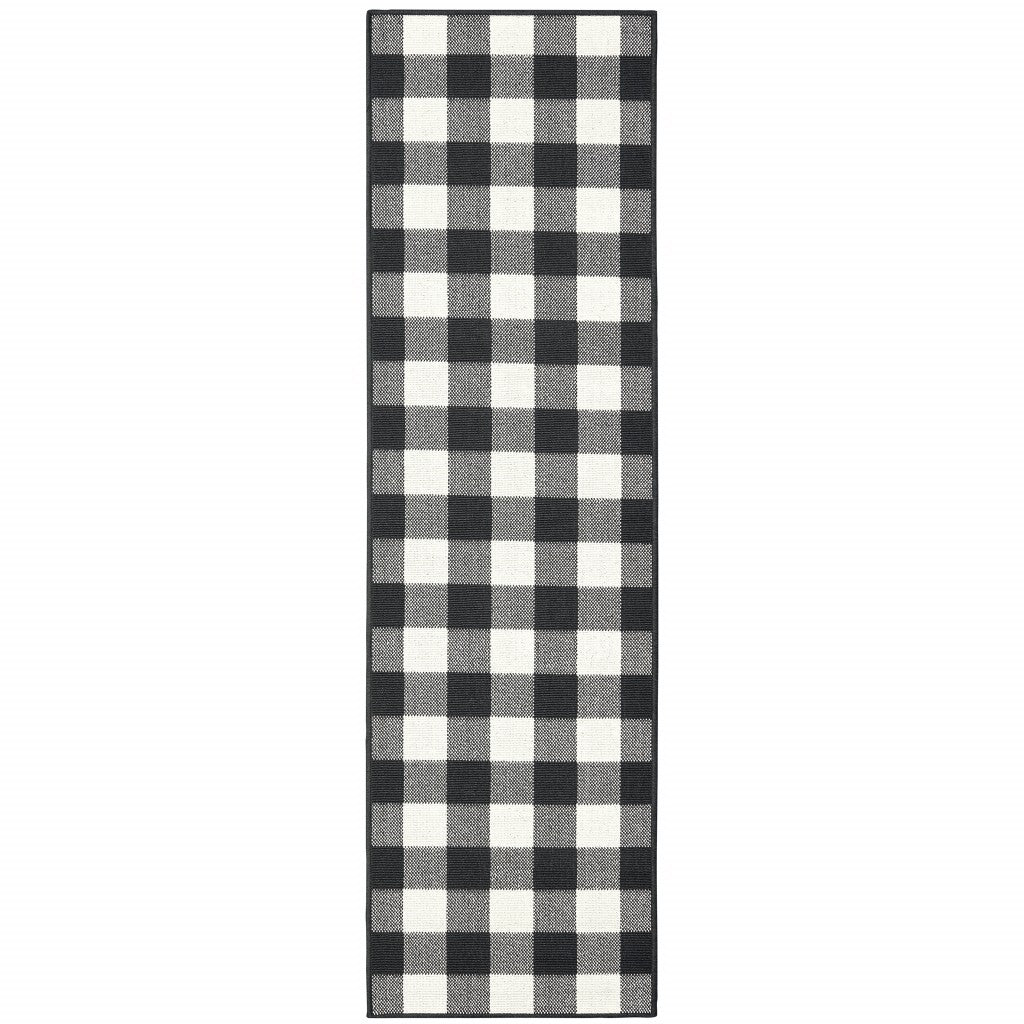 2’X8’ Black And Ivory Gingham Indoor Outdoor Runner Rug