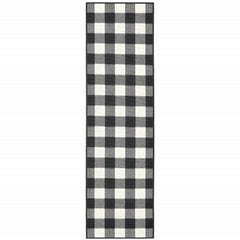 2’X8’ Black And Ivory Gingham Indoor Outdoor Runner Rug