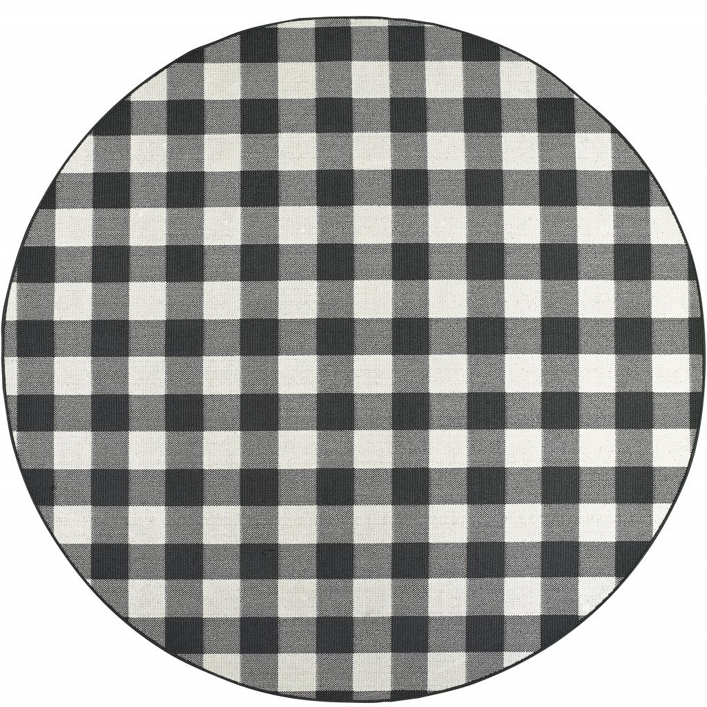 8’ Round Black And Ivory Gingham Indoor Outdoor Area Rug