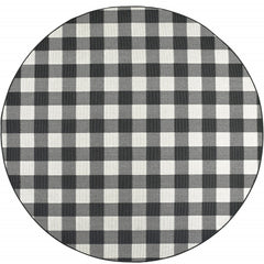 8’ Round Black And Ivory Gingham Indoor Outdoor Area Rug