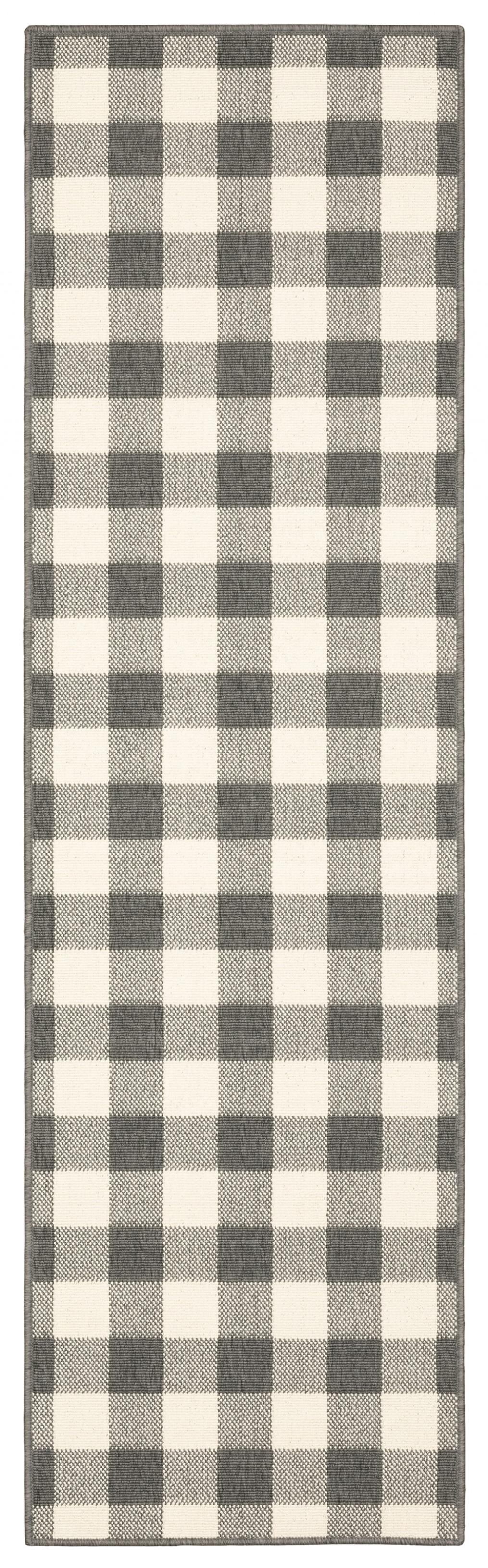 2’X8’ Gray And Ivory Gingham Indoor Outdoor Runner Rug