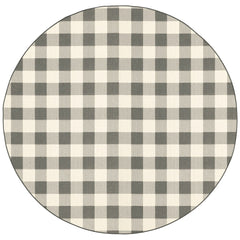 8’ Round Gray And Ivory Gingham Indoor Outdoor Area Rug