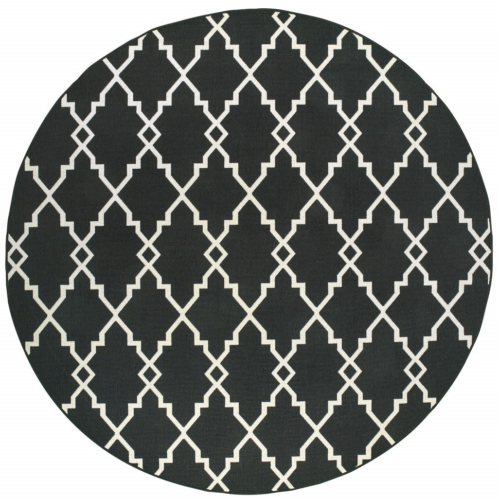 8’ Round Black And Ivory Trellis Indoor Outdoor Area Rug