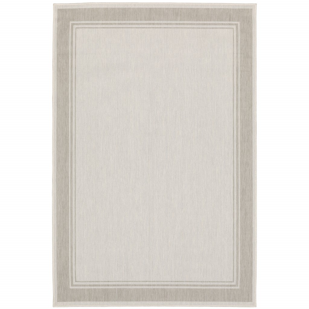 7’X9’ Ivory And Gray Bordered Indoor Outdoor Area Rug